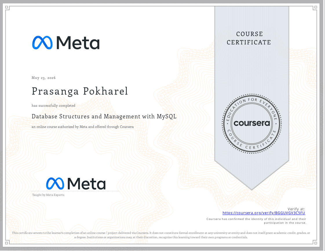 Meta Database Engineer certificate